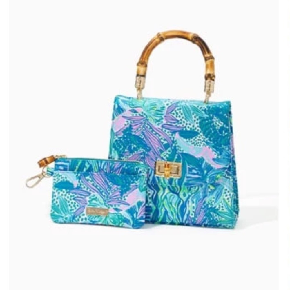 Lilly Pulitzer Bamboo Handle Bag & Zip Top Wallet Holiday In The Sun New NIP